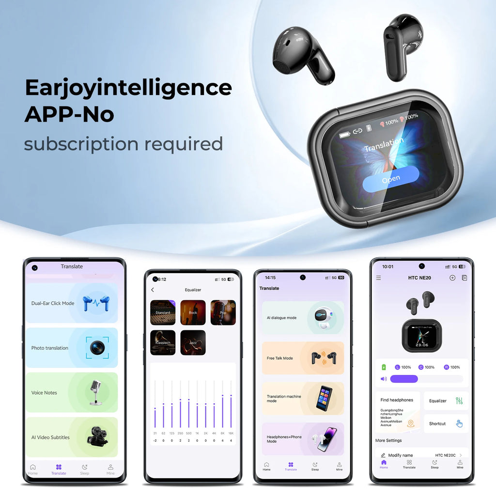 Auriculares Traductor DeIdioma 2026 HTC NE20 Translator Earbuds 6in1 iOs Android 60H Playtime Business Travel Meeting LCD Touch