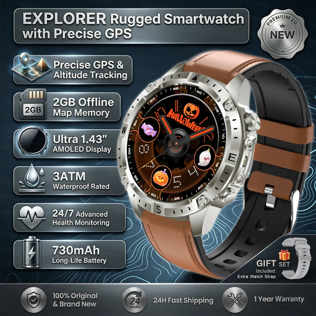 GPS Smart Watch for Men 2G ROM GPS Offline Maps Waterproof Swim Hiking Fitness Tracker Sleep SpO2 Rugged Durable Smartwatch GPS