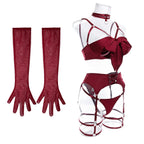 Sexy Hollow Out Bow Decor Lingerie Set Women Solid Exotic Apparel Suit Female Pure Desire Style Underwear with Garter and Gloves