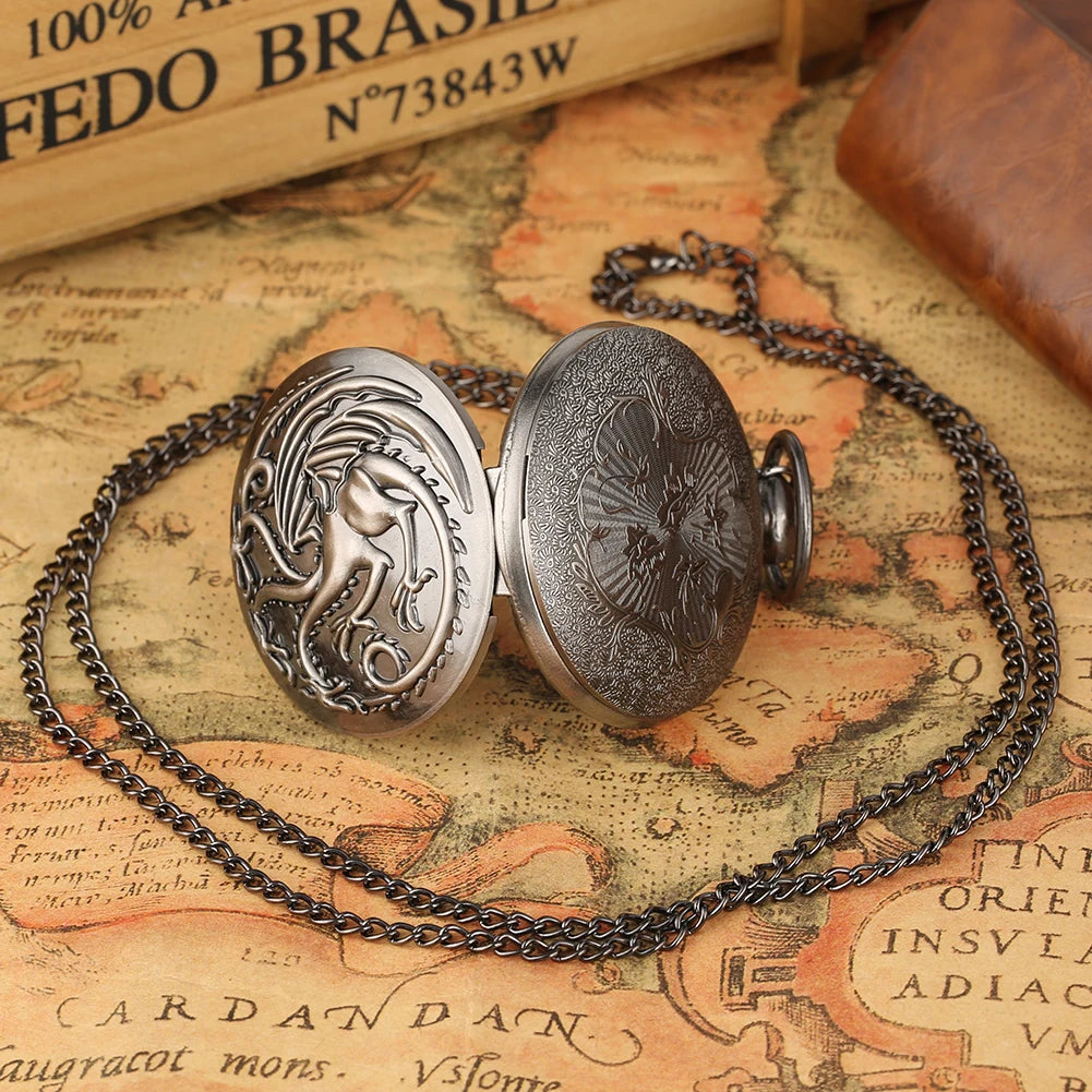Retro Gray Three-headed Fire Dragon Necklace Quartz Pocket Watch Men Antique Nordic Amulet Pendant Women Game Movie Jewelry Hour