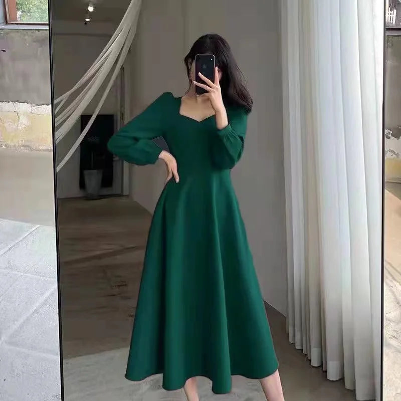 Long Puff Sleeve Solid Elegant Dress Women Clothing Wedding Guest New Year Women Fashion High Waist Slim Evening Party Dresses
