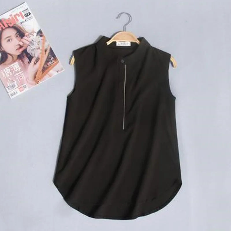 #2503 Woman Tops And Blouses Sleeveless Shirt Women Summer Thin Vest Pullover Button Basic Top Chiffon Red White Black Polo Neck