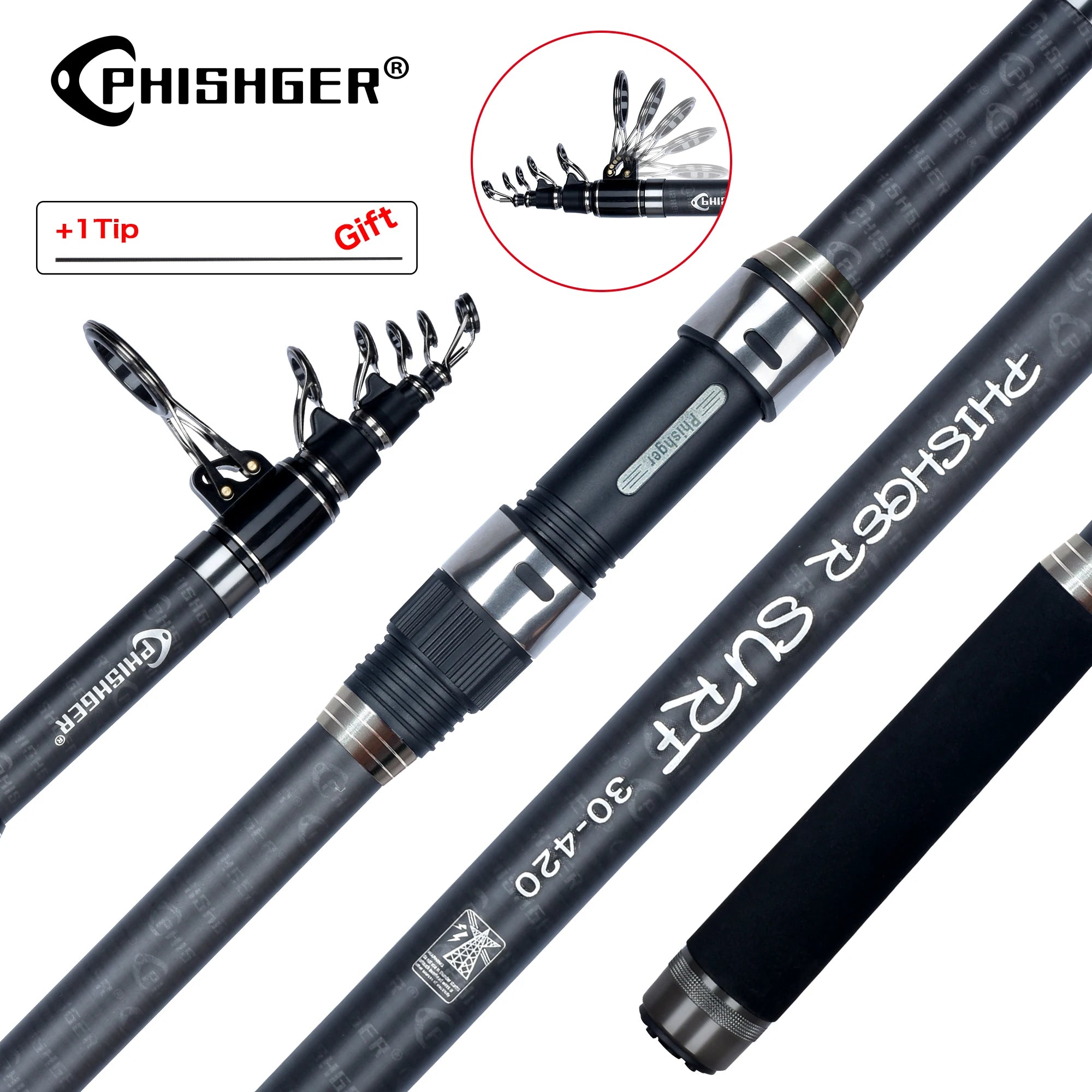 PHISHGER Telescopic Surf Spinning Rod 3.6/4.2/4.5/5.0/5.3m Power80-150g 30T Carbon Travel Surfcasting Shore Casting Fishing Pole Main image