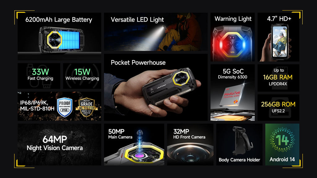 Ulefone Armor Mini 20 Pro 5G 4.7" Rugged Phone 64MP Night Camera  6200mAh Smartphone LED Light 16+256GB Android 14 Mobile phone