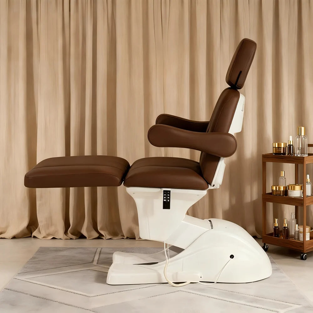 Multifunctional beauty salon equipment brown polyurethane leather 3 motor reclining electric massage face wash bed