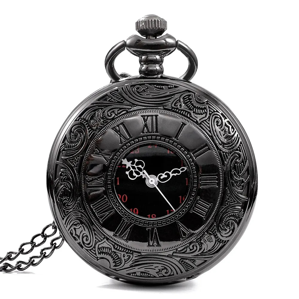 Vintage Charm Black Unisex Fashion Roman Number Quartz Steampunk Pocket Watch Women Man Necklace Pendant with Chain Gift Main image