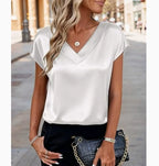 New  Summer Women Fashion Blouses Casual Solid Elegant Ladies V-Neck Short Sleeve Shirts Trendy Simple Loose Woman Satin Top