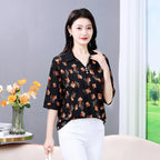 Summer half sleeve Shirt Fashion Commute All-match Ice Silk Printed Button Loose Women's Blouses Top