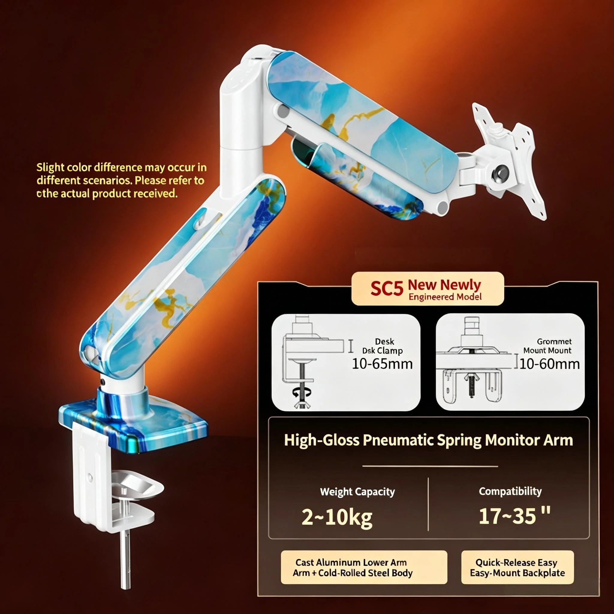 SC5 Jade Marble Pneumatic Monitor Arm Single Desk Mount Stand For 17-35 Inch Screen 2-10kg Load Height Adjustable Gaming Bracket