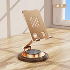 Black Walnut Wood Base Phone Holder Metal Stand 720° Rotating Foldable Desktop Stand Easy Storage for Mobile Phone Tablet Holder