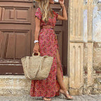 2024 Summer Bohemian Women's Long Dress V Neck Short Sleeve Floral Printed Beach Elegant Vintage Dress with Belt
