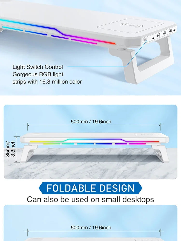 RGB Light Effect Rechargeable Desktop Monitor Height Stand 3 USB 2.0 Port Universal Laptop Storage Rack With Wireless Charging