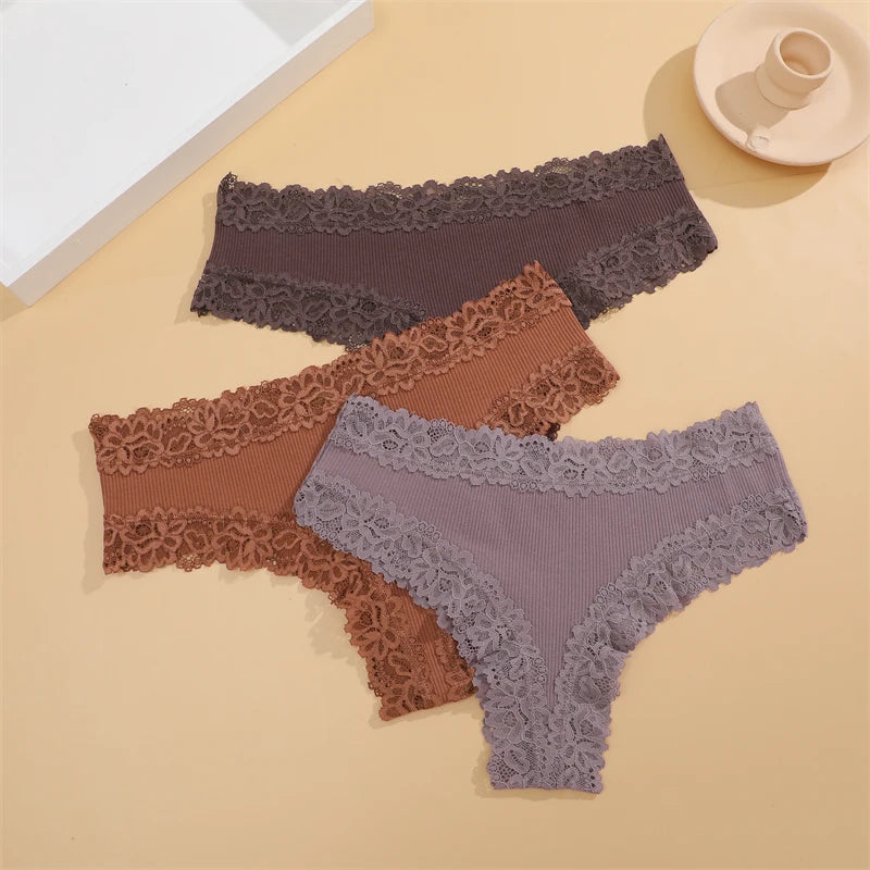 FINETOO 3Pcs Women Cotton Underwear Panties Sexy Lace Brazilian Briefs Low Waist Floral Solid Color G-string Breathable Lingerie