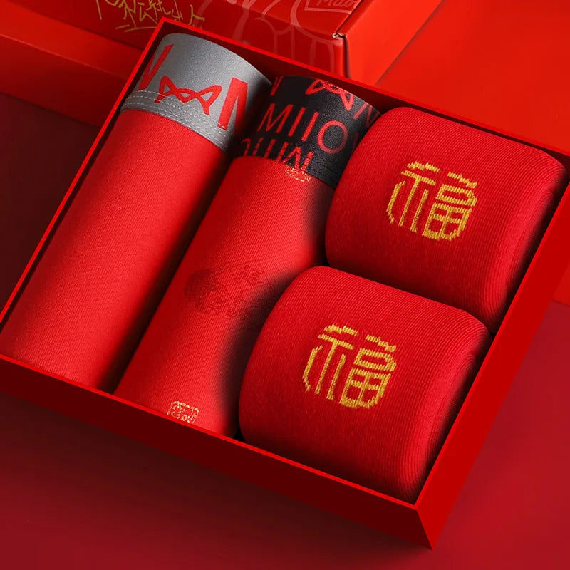 MiiOW Organic Cotton Boxer Socks Set Men Underwear Boxers Trunks Antibacterial Male Panties Boxershorts Underpants Red L-3XL New