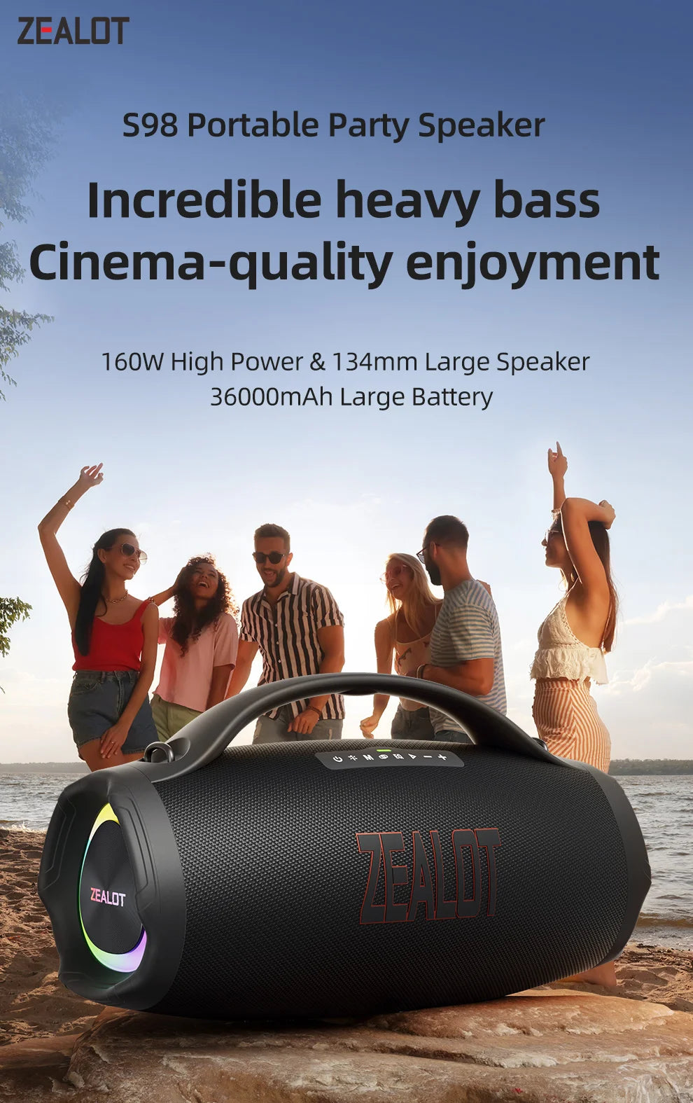 ZEALOT S98 160W Big Power Portable Bluetooth Speaker Wireless TWS Subwoofer Bluetooth Speaker Waterproof Mobile HIFI Quality