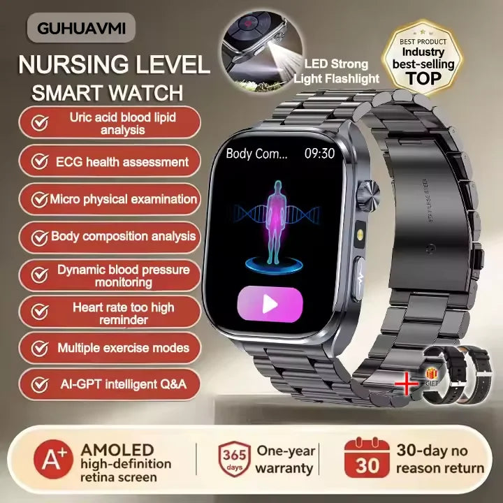 New Health Watch Uric Acid Blood Pressure Blood oxygen Body Analysis Body Fat SmartWatch ECG+PPG Bluetooth call Clock Women Men