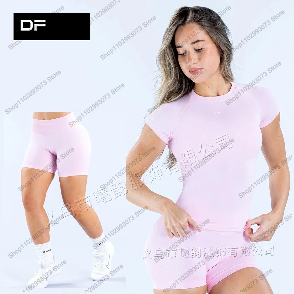 Women's Seamless 2 Piece Yoga Outfit Short Sleeve Top  High Waist Leggings/Shorts Gym Workout Activewear for Fitness Daily Wear