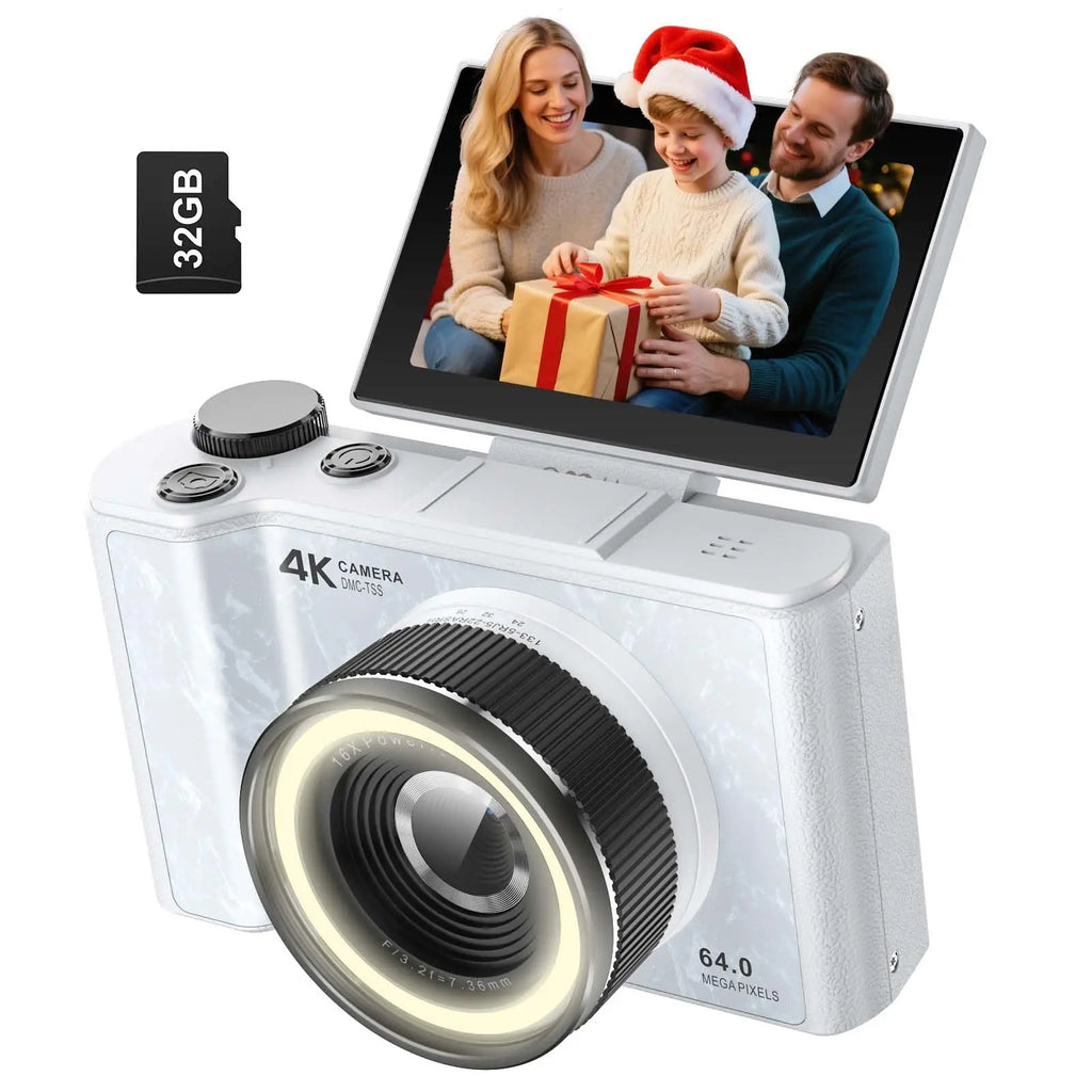 4K Vlogging Camera, 180° Flip Screen, Ring Light & Beauty Mode, Digital Camera for Beginners, 32G SD Card Included, Xmas Gift