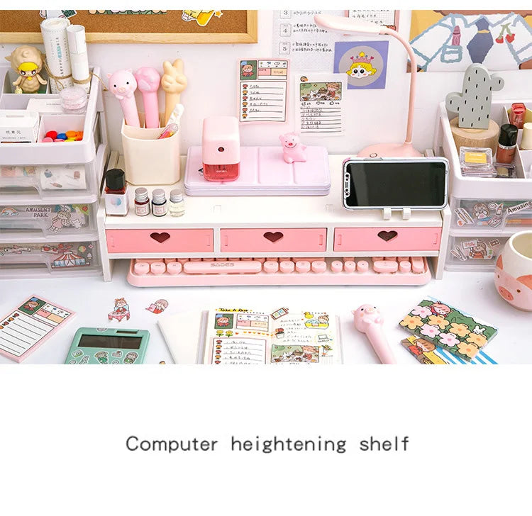 Pink White Student Storage Rack Heart Drawers Monitor Laptop Increase Shelf Office Screen Riser Holder Stationery Pen Storage