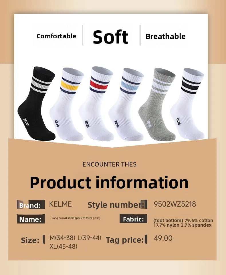 Kelme Men's Mid Length Socks 3 Pairs Of Casual Socks Sweat Absorbing And Breathable Sports Socks Running Speed Dry Socks