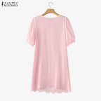ZANZEA Summer Women's Openwork Embroidered Dresses O-Neck Half Puff Sleeve Contrast-Trim Knee-Length Dress Casual A-Line Robes