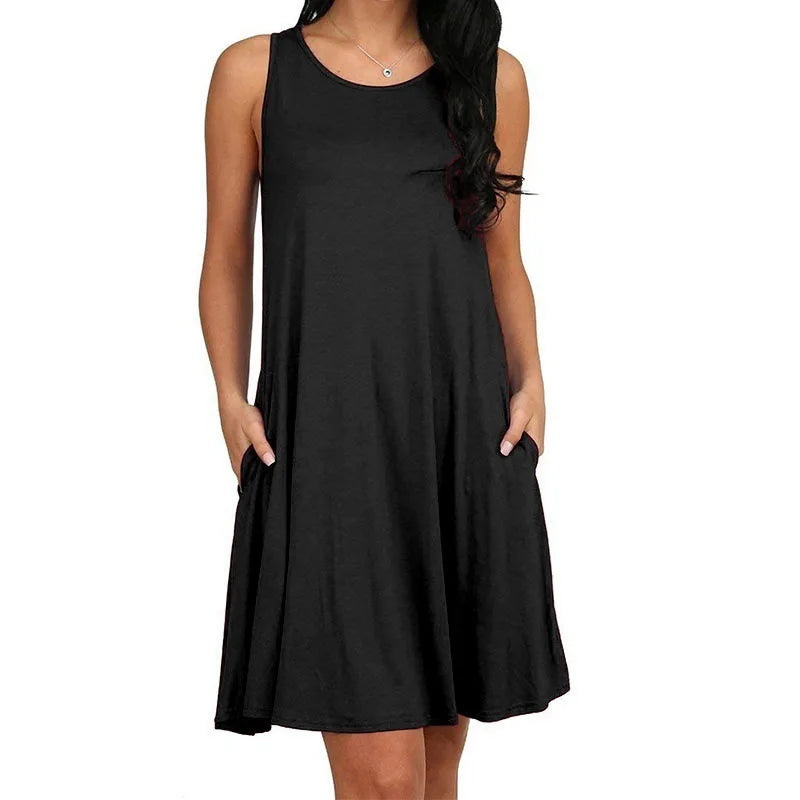 Women's Dress Summer Casual T Shirt Dresses Beach Cover up Plain Pleated Tank Pockets Dress