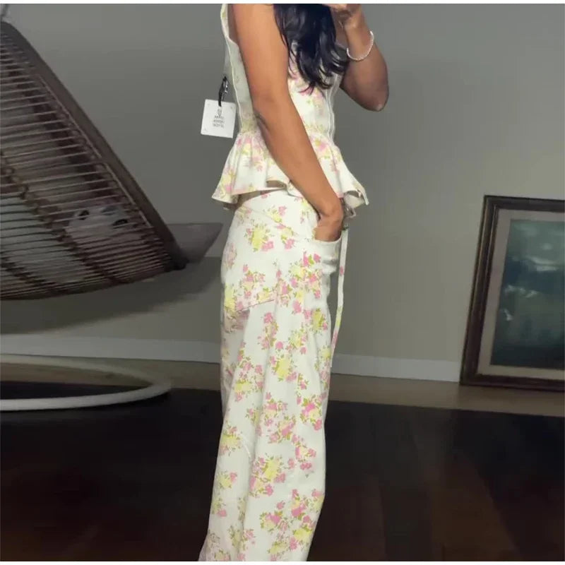 Elegant Floral Print Set Women Square Neck Sleeveless Ruffle Top Lace Up Floor Length Wide Leg Pants Sets Lady Casual Outfits