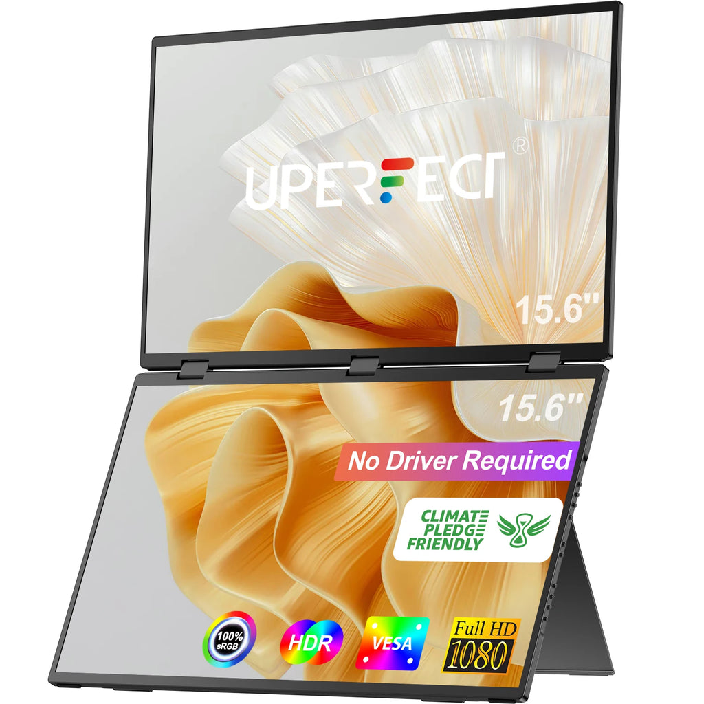 UPERFECT Delta 15.6" Dual Portable Monitor For Laptop Screen Extender 1080P HDR 360° Folding Stacked with Stand For Laptop PC