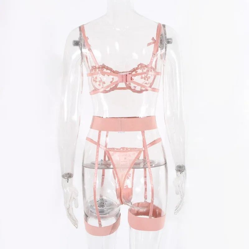 Lace Lingerie Set 3PC Sheer Bra Garter Belt Half Cup PushUp Underwear for Women