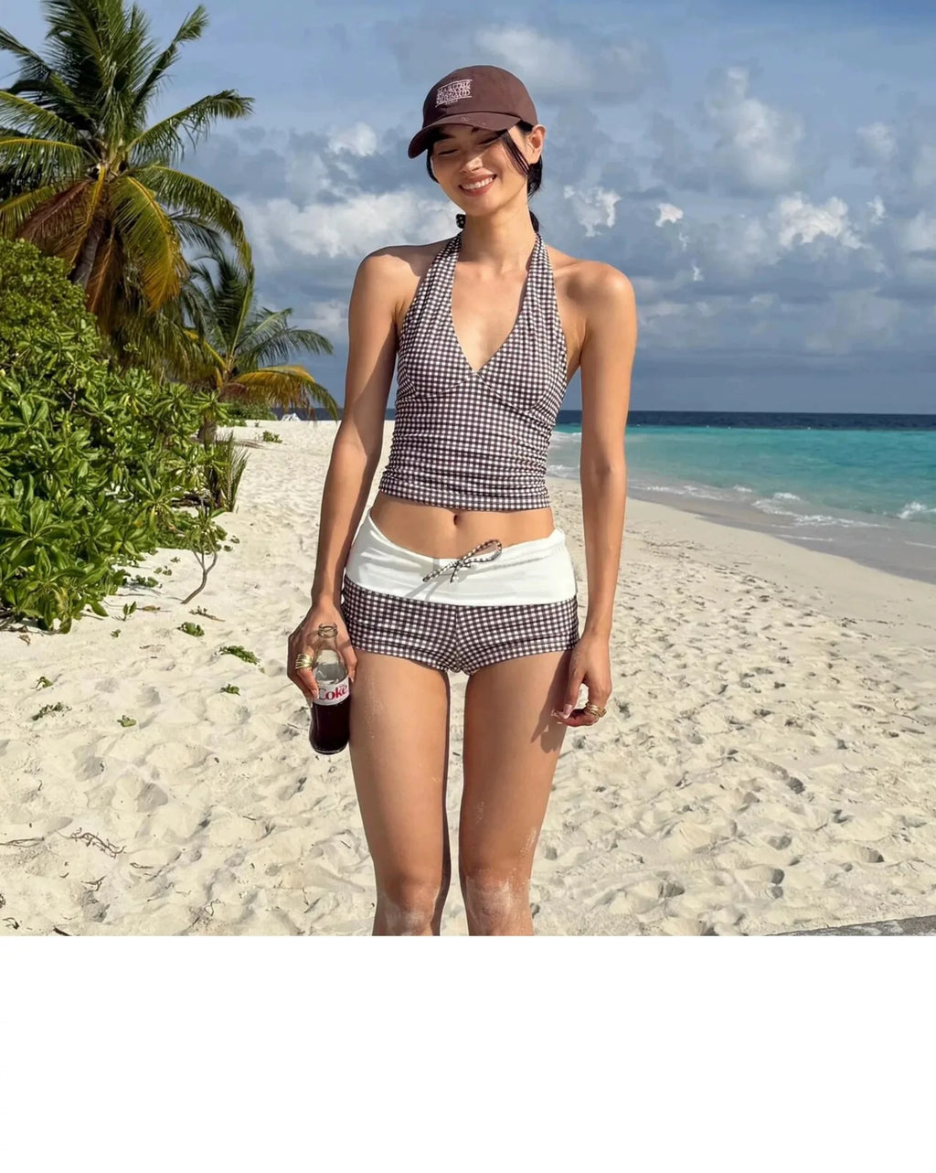 Sexy V-neck Small Chest Gathered To Cover The Belly Exposed Back Fashionable Checkered Flat Angle Pants Split Swimsuit for Women