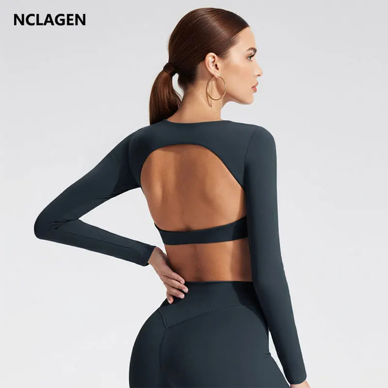 NCLAGEN Sports Tops Gym Women Fitness T Shirt Long Sleeve Open Back Pilates Yoga Padded Crop Top Running Workout Fitness Blouse