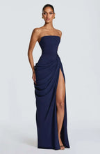 Women Solid Pleated Sexy Strapless Dress Lady Chic Off-shoulder Backless High Waist Split Dresses 2026 New Evening Party Gown