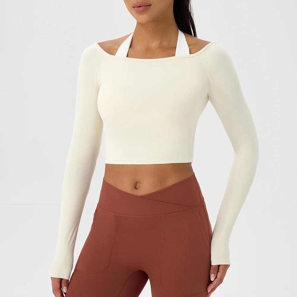 Yoga long-sleeved T-shirt women's one-shoulder sexy tight fitness wear top nude feel quick-drying sports sleeved Yoga Shirts
