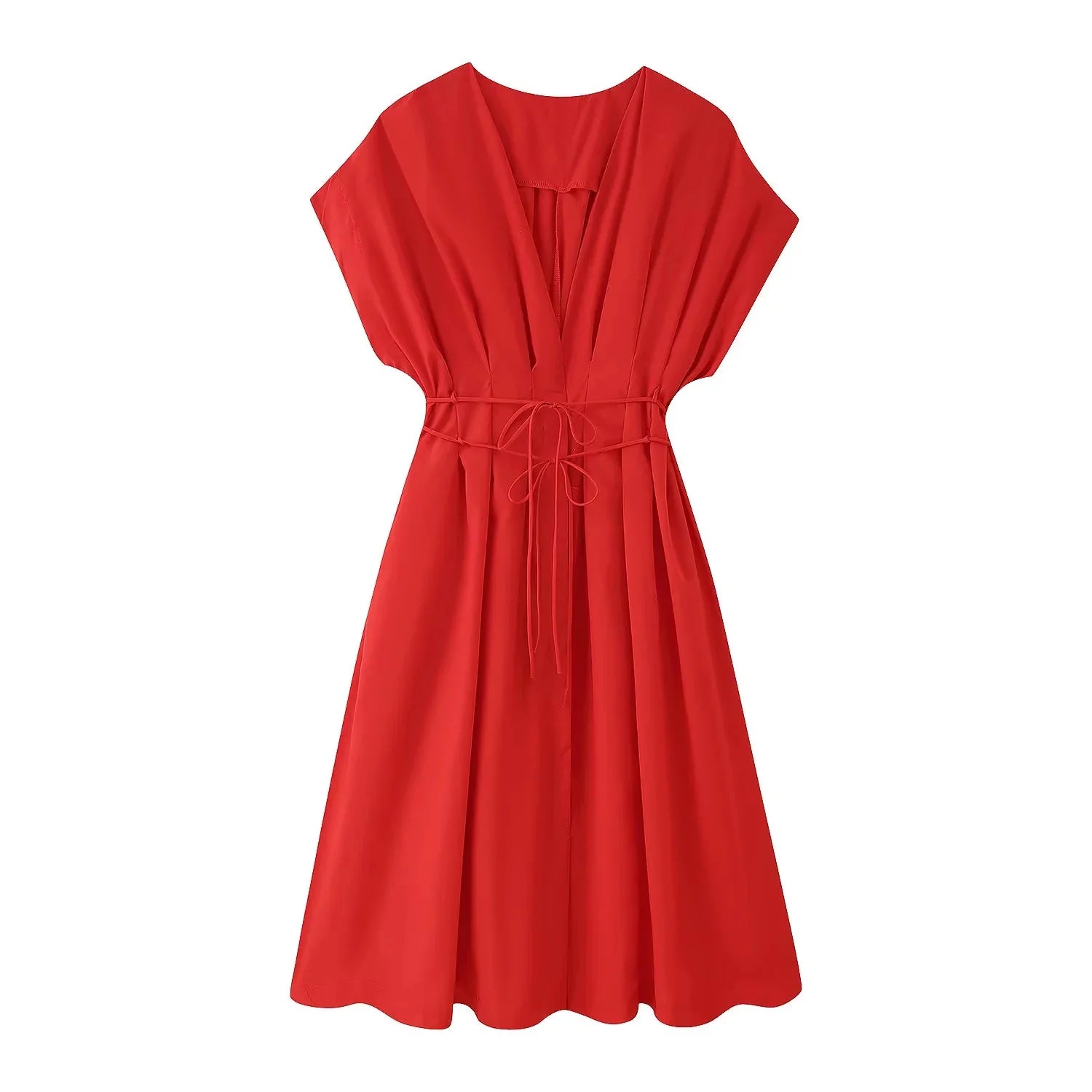 KONDALA 2026 Spring Summer Vintage Women Dress Fashion Single Breasted Sashes Draped V Neck Sleeveless Chic Brown Ladies Dresses
