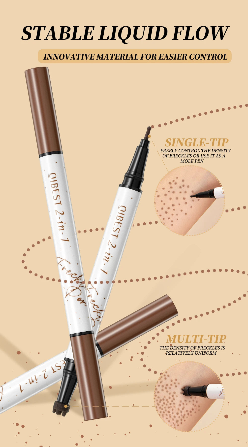 Qibest 2-In-1 Freckle Pen with Gourd-Shaped Head, Natural and Realistic, Sweat-Proof, Double-Ended Stamp Dot Pen Cosmetic Stick