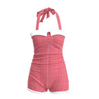 USPOP Vintage Gingham One-Piece Swimsuit for Women, Retro Halter Neck Bathing Suit, Comfortable Summer Beachwear
