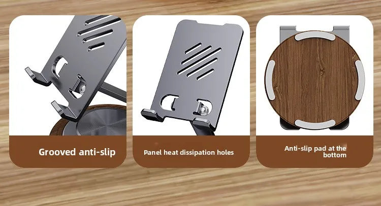 Black Walnut Wood Base Phone Holder Metal Stand 720° Rotating Foldable Desktop Stand Easy Storage for Mobile Phone Tablet Holder