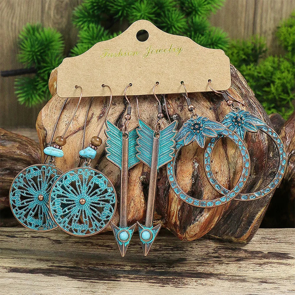 Boho 3Pcs/set Ethnic Leaf Bronze Earrings Set Vintage Hanging Earrings for Women Gypsy Statement Jewelry Accessories Pendientes