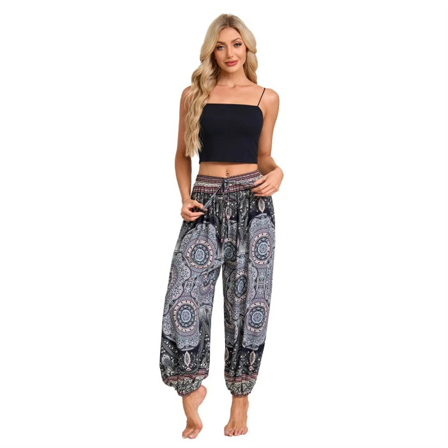 Women's Boho Wide Leg Harem Pants Adult High Waist Yoga Loose Lantern Pants Breathable Beach Trousers Vacation Printed Jagger