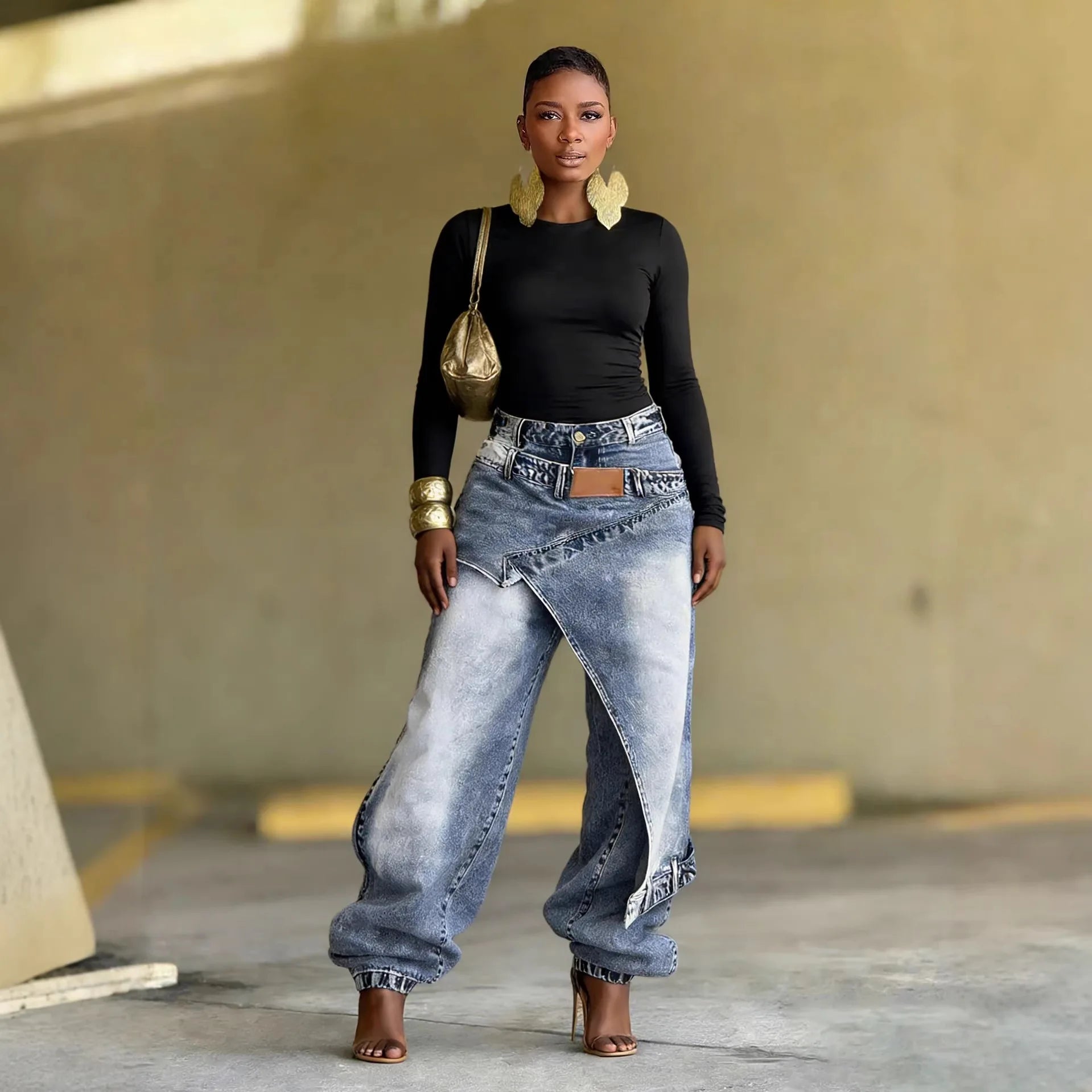 Jeans Women Vintage Wide Leg Pants Denims Washed Streetwear Patchwork Patches Straight Trousers Distressed Floor Length 2026