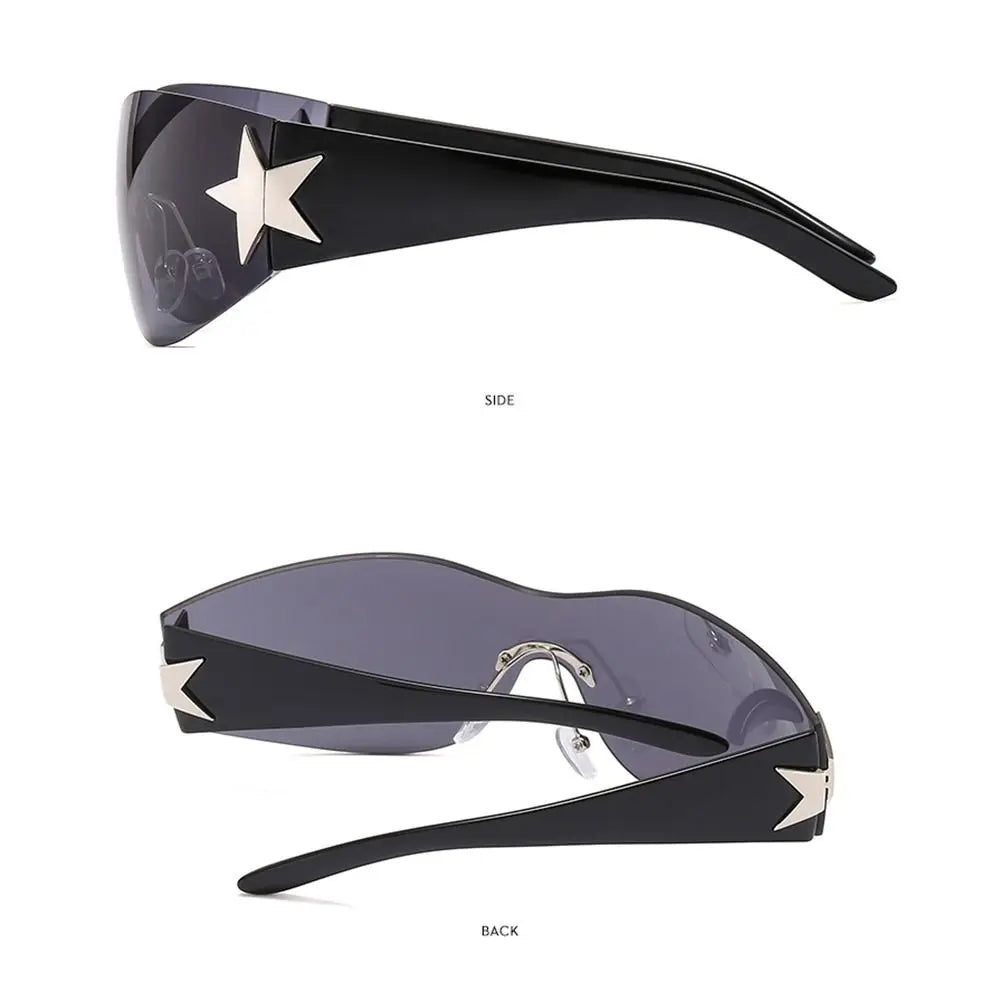 New Y2K Rimless Punk Sunglasses Goggle Women Men Luxury Brand Wrap Around Sun Glasses Five Star Eyewear Sports One Piece Shades