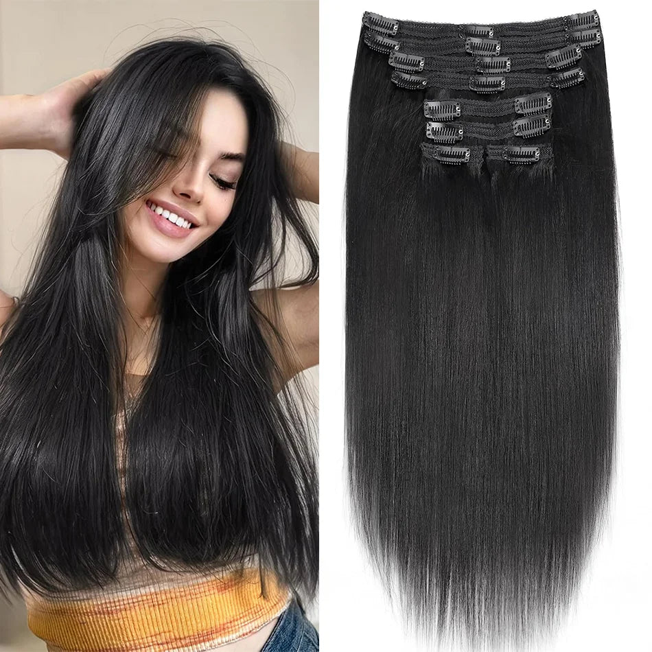 8Pcs Clip In Human Hair Extensions 100% Real Human Hair Clip in Natural Hair Extensions Straight Hair Pieces 14-26Inch Remy Hair