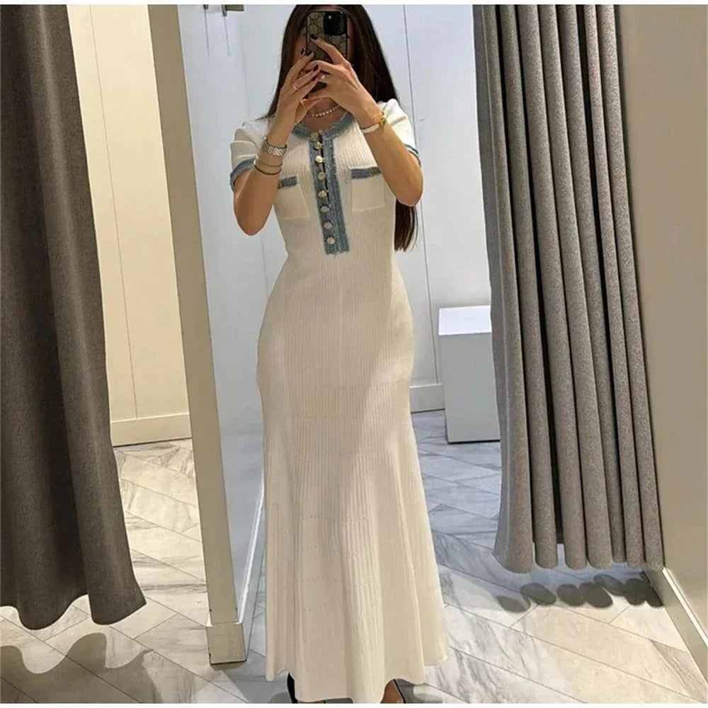 Elegant Contrasting Women Knit Maxi Dress Chic O-neck Short Sleeve Metal Buttons Bodycon Dresses Office Lady Commuting Robe Main image