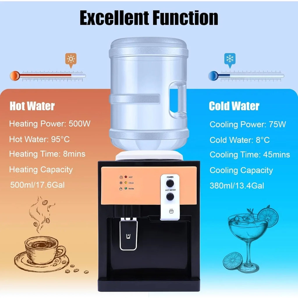 Water Dispenser, Water Cooler, Table Top Hot &Cold Temperature Control Fast Heating Cooling for 3.5/5/10/18.9L Bottles, 220V