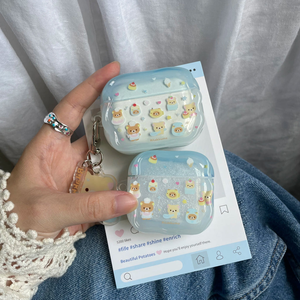 Cartoon Cake Bear Blue Wave Case for AirPods 2 3 4 ANC Cover with Keyring for Apple AirPod Pro 3 2025 Earphone Protective Cases