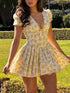 Vintage Floral Print Yellow Pleated Mini Dress Women Summer Puff Sleeve V Neck Party Beach Dresses Elegant Chic Y2K Vestidos