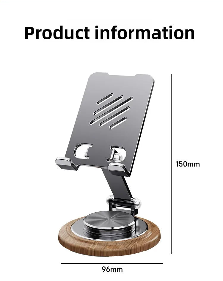 Black Walnut Wood Base Phone Holder Metal Stand 720° Rotating Foldable Desktop Stand Easy Storage for Mobile Phone Tablet Holder