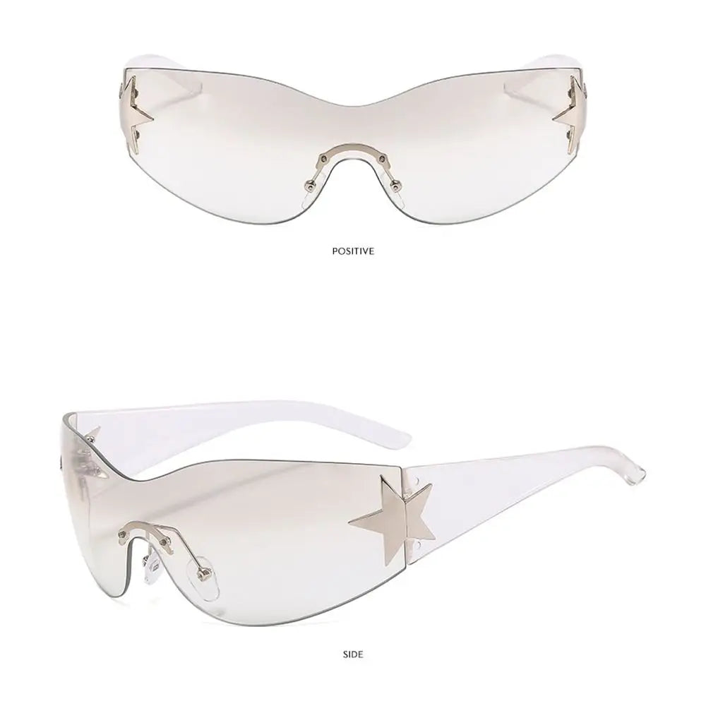 New Y2K Rimless Punk Sunglasses Goggle Women Men Luxury Brand Wrap Around Sun Glasses Five Star Eyewear Sports One Piece Shades