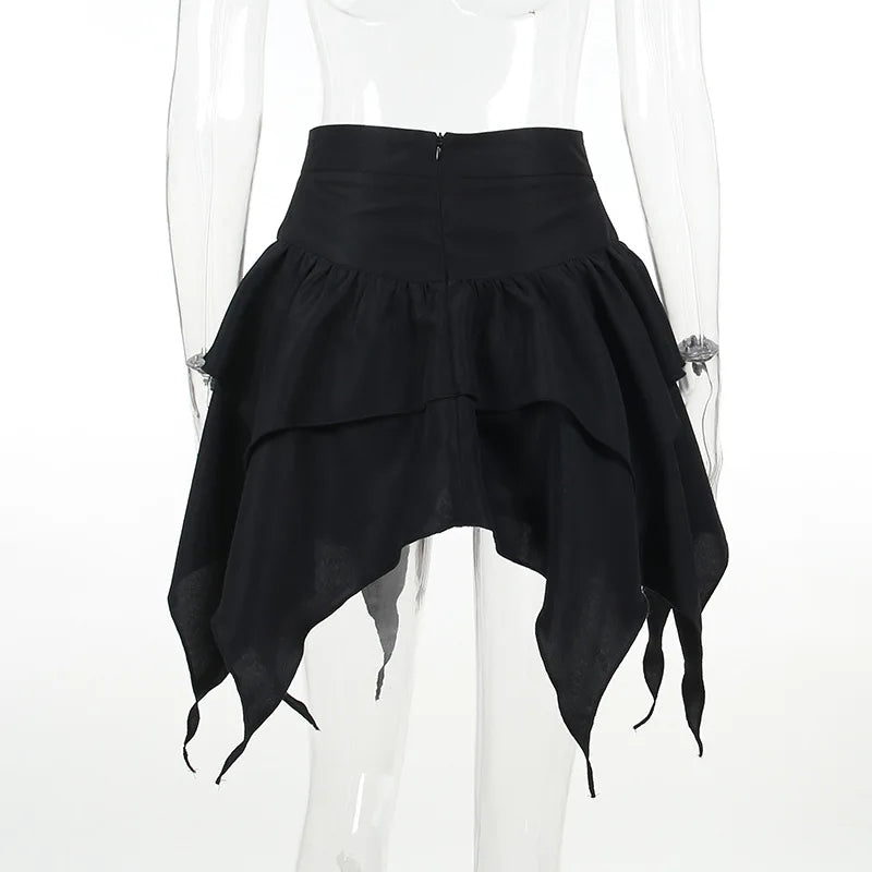 Summer Fashion Short Skirts New Sexy Women Gothic Punk Irregular Skirts Solid Color Drawstring Tie-Up Ruched Ruffles Mini Skirt