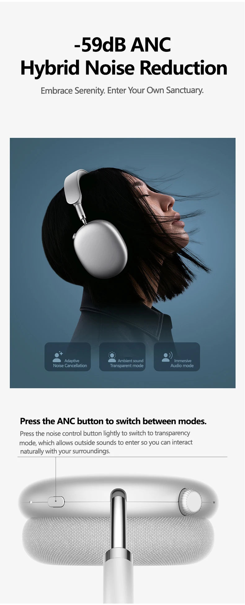 Picun F8MAX ANC Wireless Headphone 59dB Hybrid Active Noise Canceling Spatial Audio Earphone Bluetooth 6.0 Over Ear Headset 180H